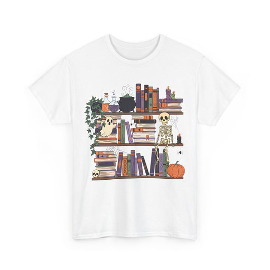 Halloween Reading Tee, Unisex Cotton T-Shirt, Book Lover Gift, Skeleton Design, Fall Fashion, Spooky Season Apparel